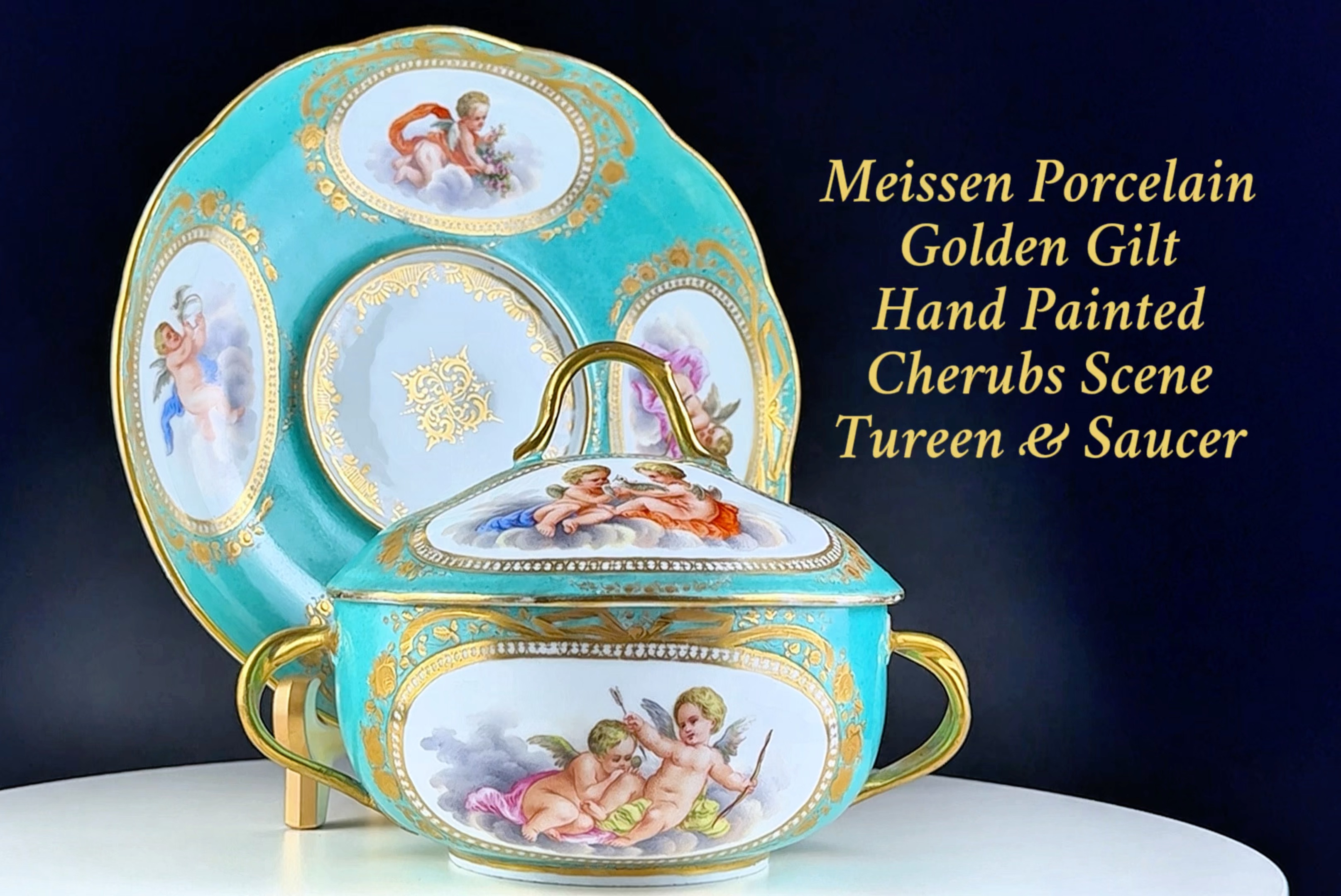 【瓷器】德国梅森瓷器 绿松石描金八开窗外画天使画片