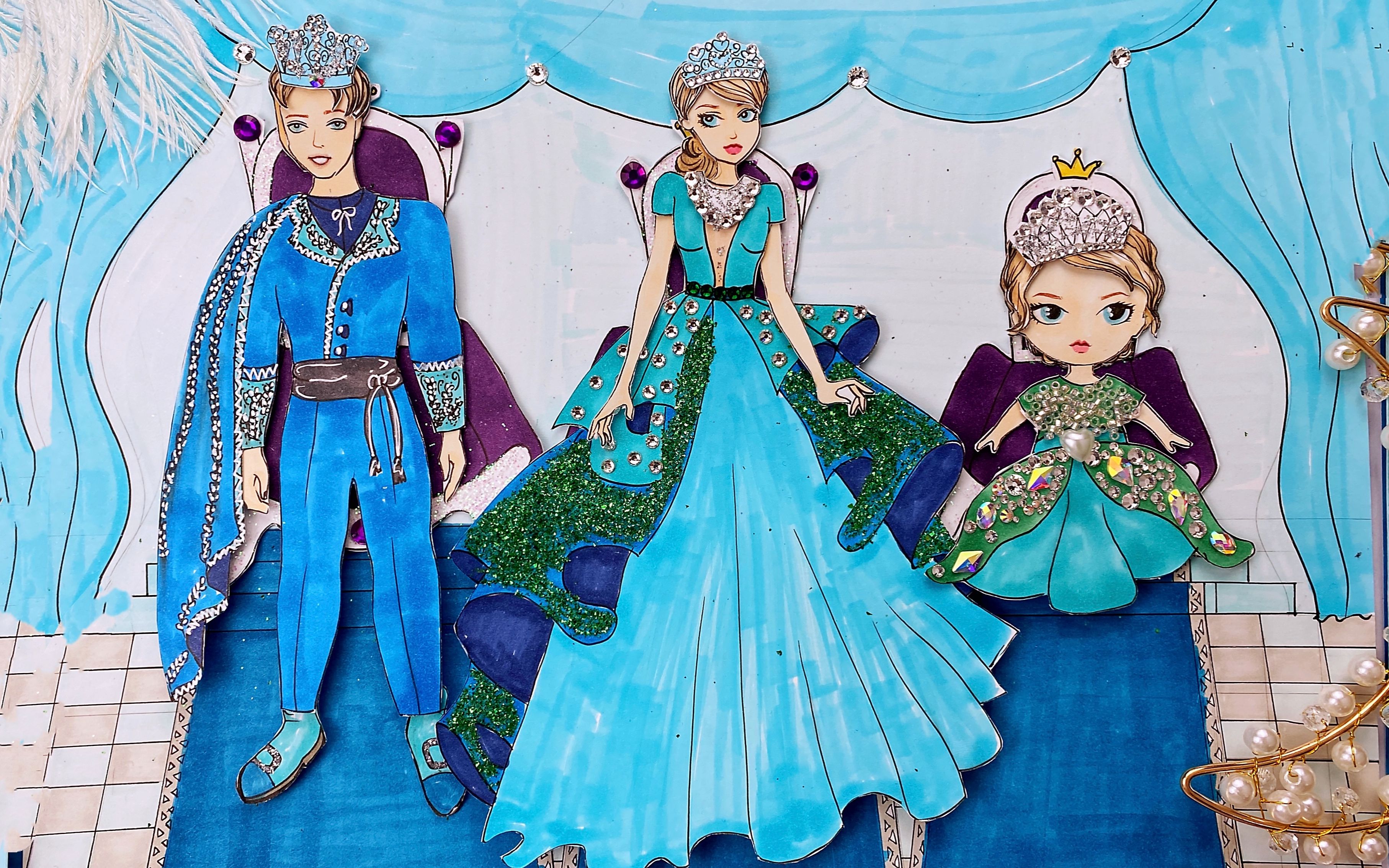 手工娃娃换装派对:城堡中王子的一家,家庭晚礼服装扮换装