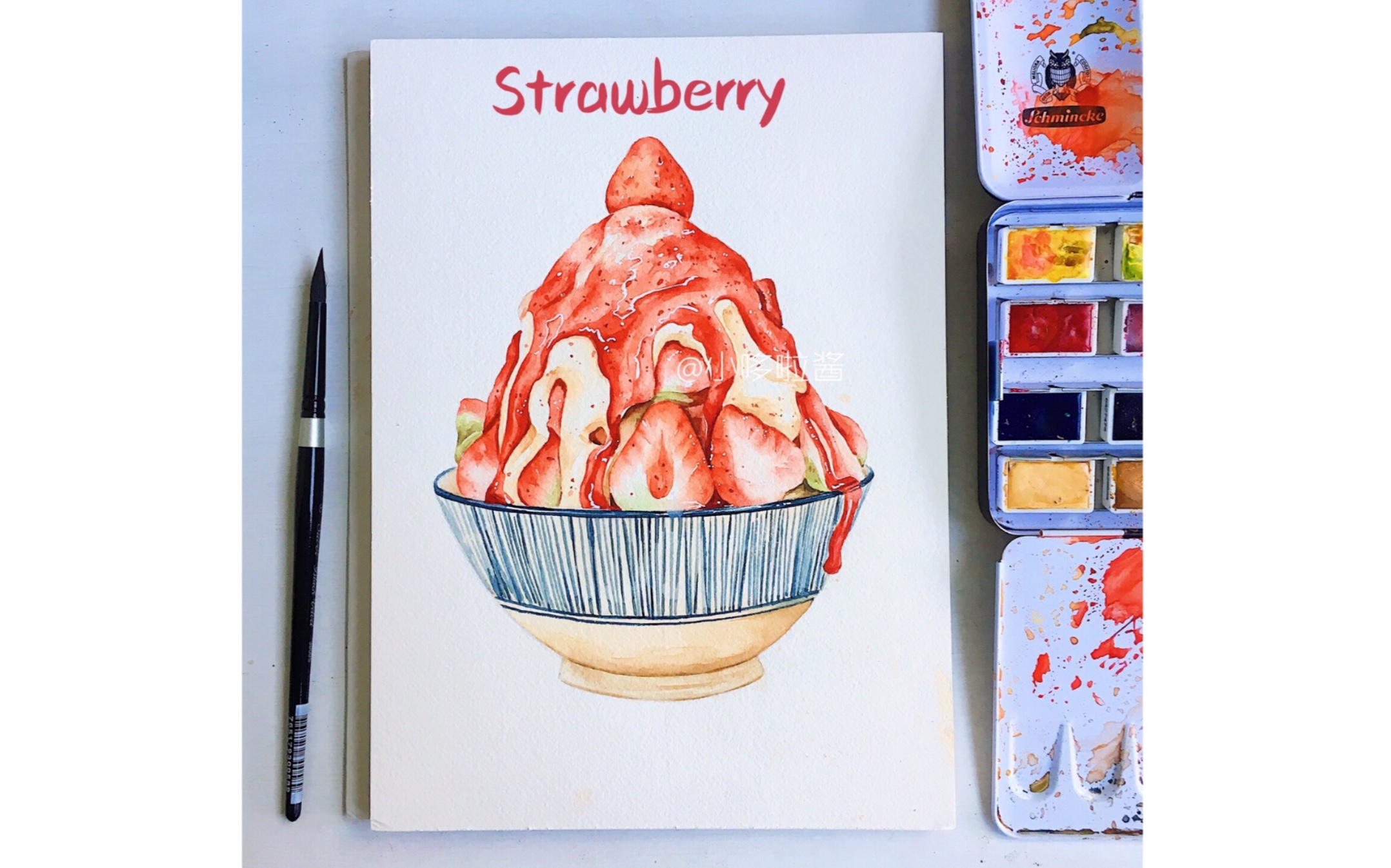 【水彩】手绘美食草莓刨冰过程 溢彩艺术家水彩纸测评
