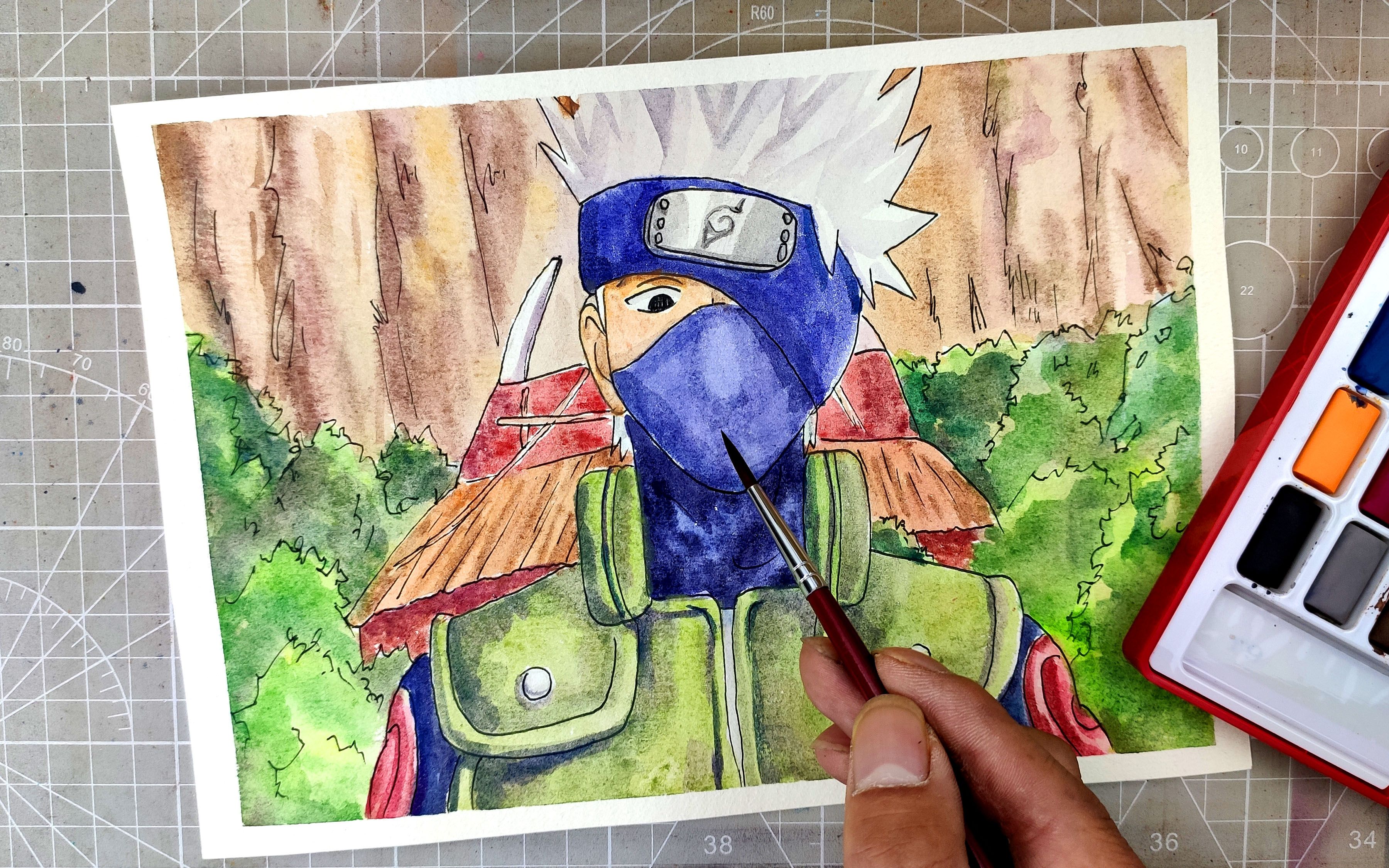 画火影忍者里面的卡卡西,第一次画水彩,感觉有点生涩!