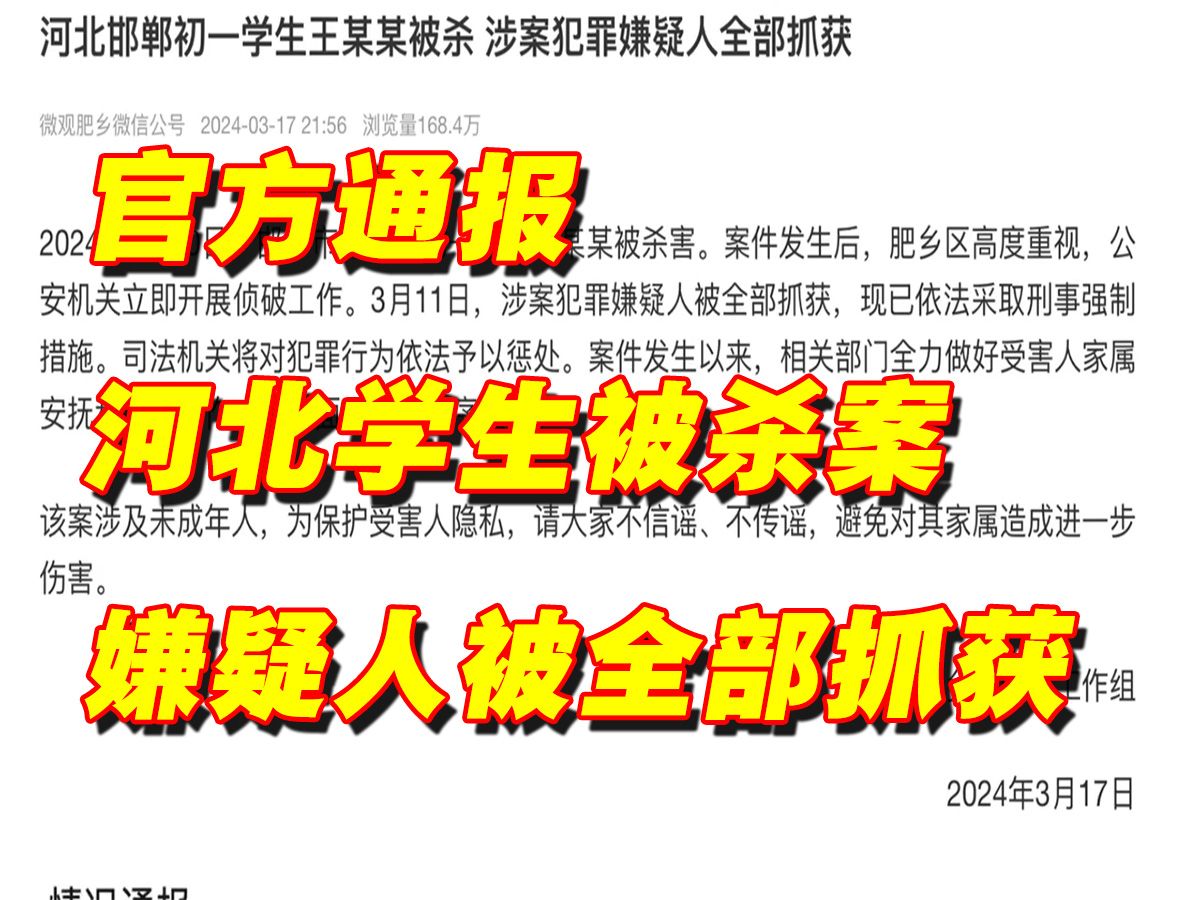 河北邯郸初一学生被害案:涉案犯罪嫌疑人被全部抓获哔哩哔哩bilibili