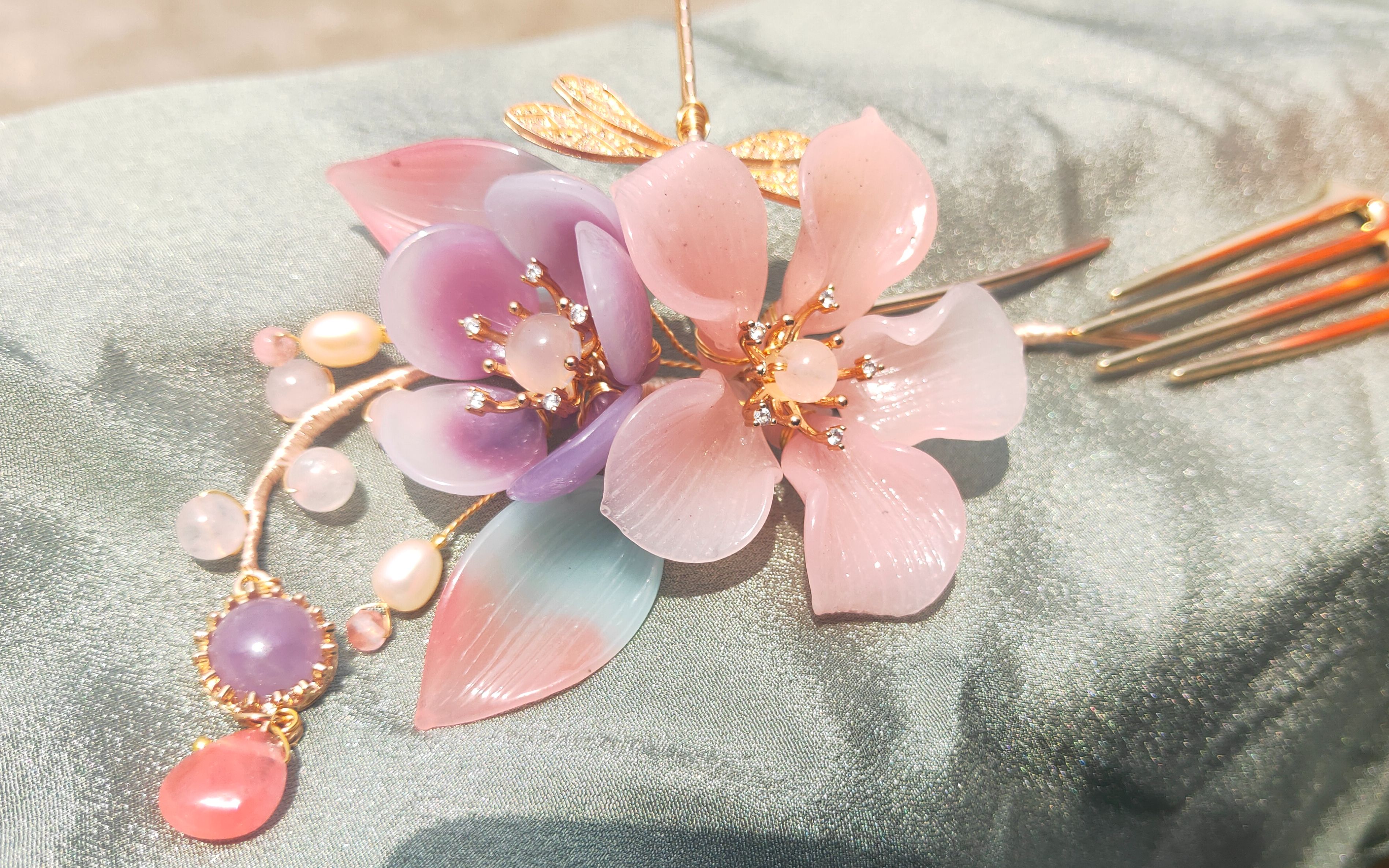 [出簪]新作珍珠料器天然石发簪,一支粉紫色系(42r),一只胡萝卜色系(30