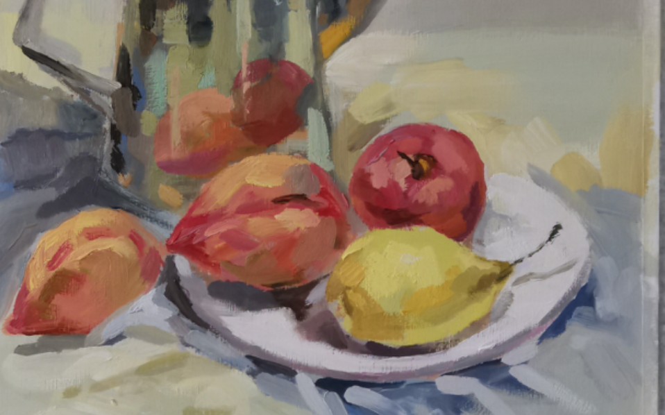 亚力油画油画初级班不锈钢壶的临摹练习