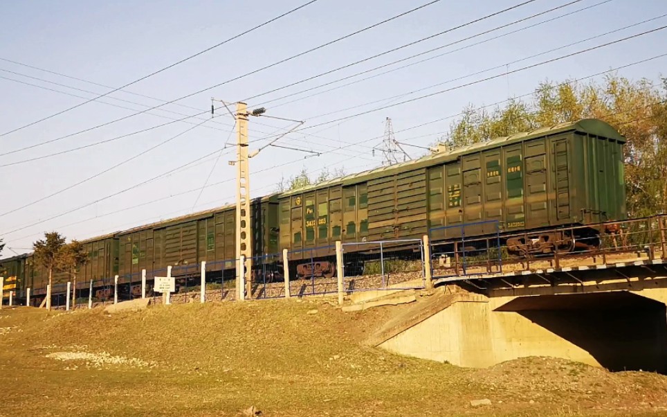 行291新台子站幺道通过 牵引七节p65型棚车通过京哈线737公里608米处