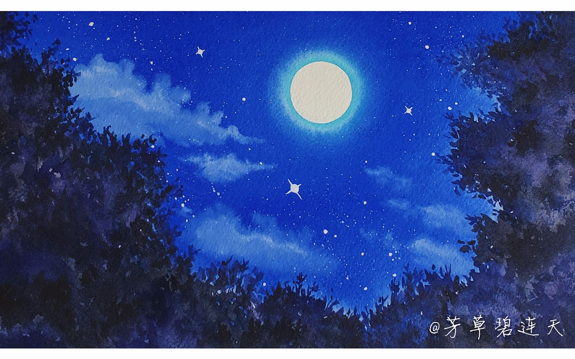 水彩手绘夏目友人帐电影版场景风景天空夜空星空水彩风景