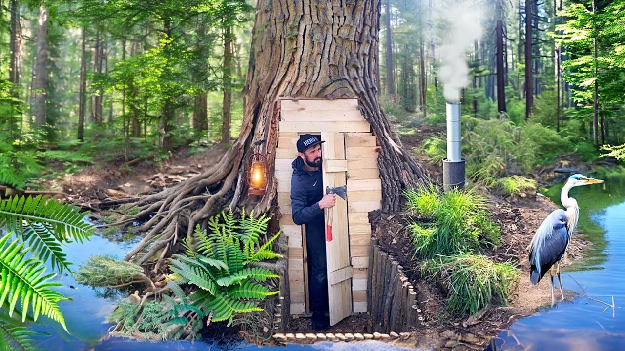 在百年老树根下建造庇护所生存,荒野建造长视频完整版!哔哩哔哩bilibili