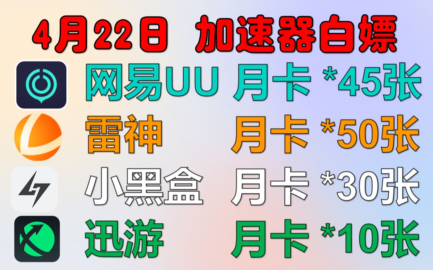 UU加速器兑换码,全网免费游戏加速器!4月22日更新!雷神/小黑盒/迅游/奇游/NN/炽焰/奇妙月卡兑换码!哔哩哔哩bilibili