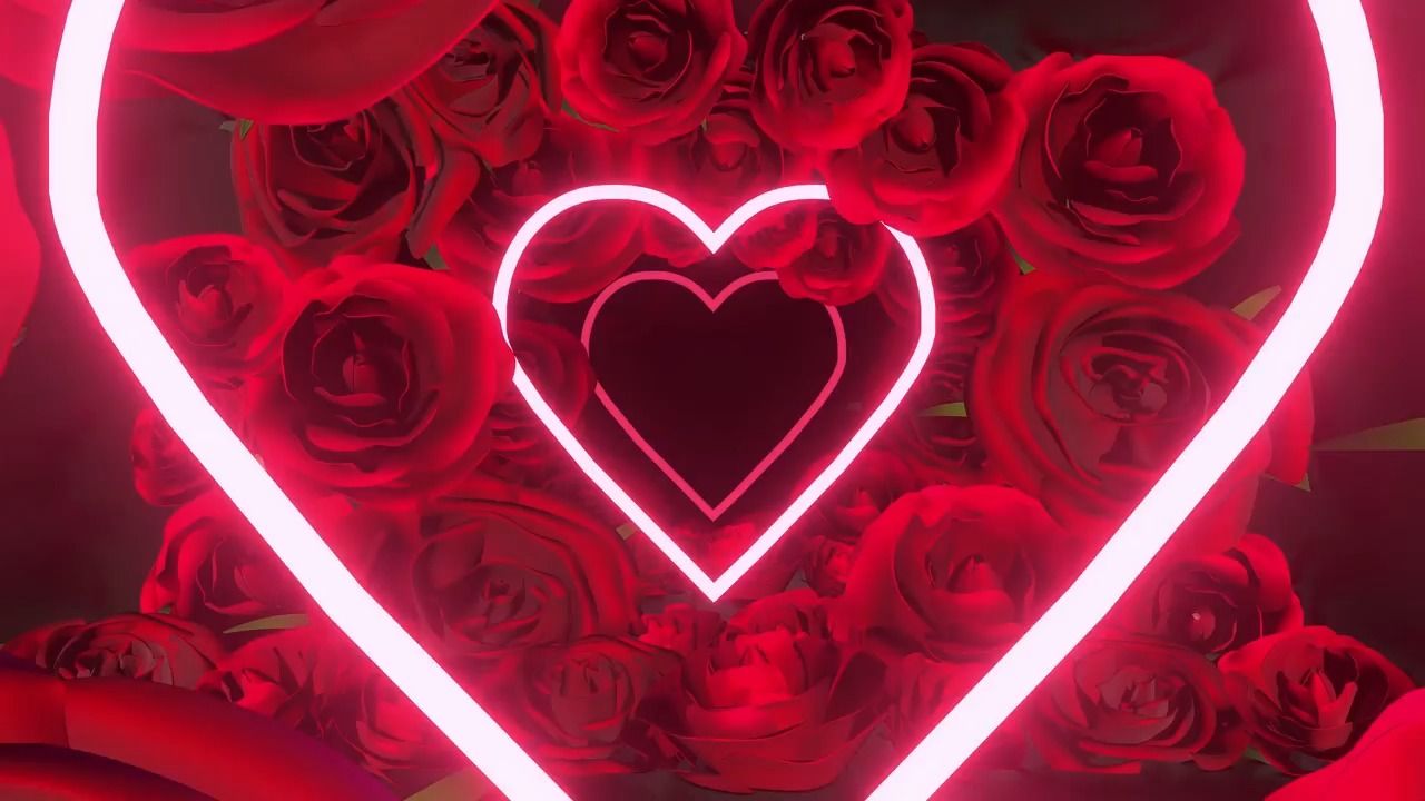 y1312 下一秒 歌曲配乐 唯美浪漫红色玫瑰花霓虹灯光线爱心粒子穿梭