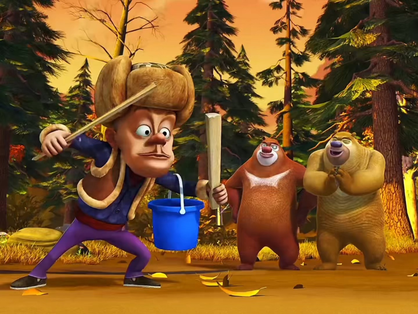 "光头强捉螃蟹,跟熊大熊二去湖里捉螃蟹来吃"