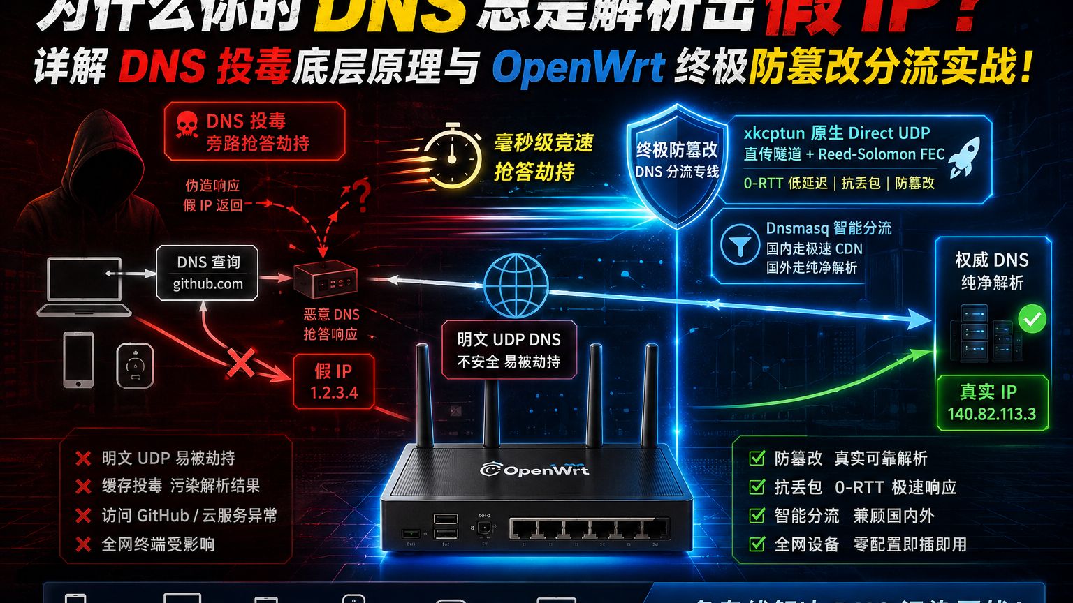 为什么你的 DNS 总是解析出假 IP?详解 DNS 投毒底层原理与 OpenWrt 终极防篡改分流实战!
