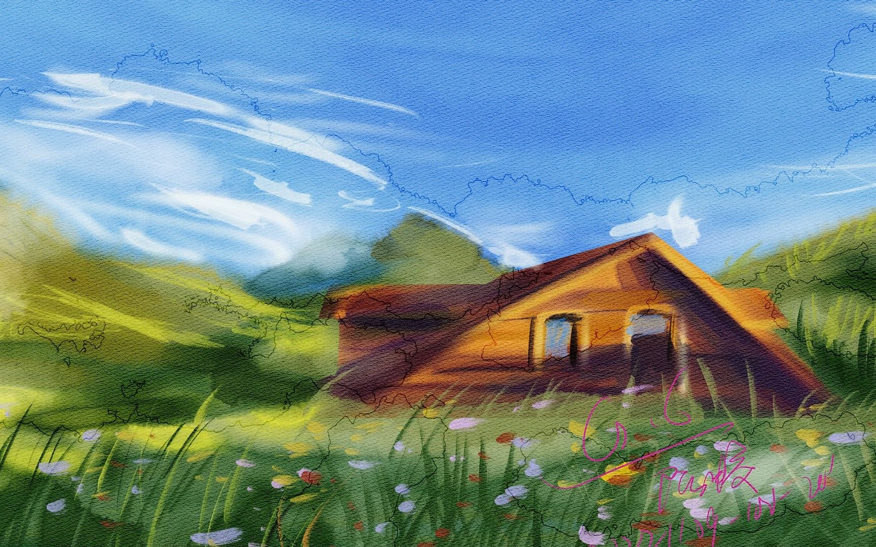 ps板绘水彩画照片,森林山顶草原木屋风景练习打卡#色彩60天挑战赛