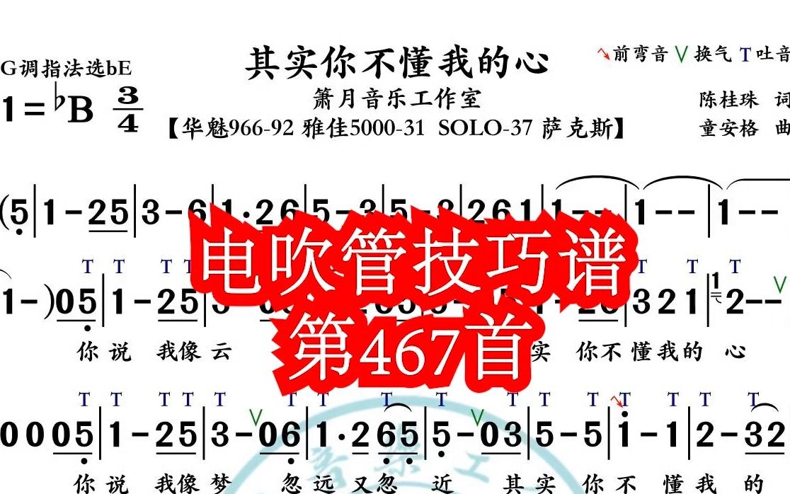 [图]《其实你不懂我的心》第467首电吹管技巧动态简谱演奏示范