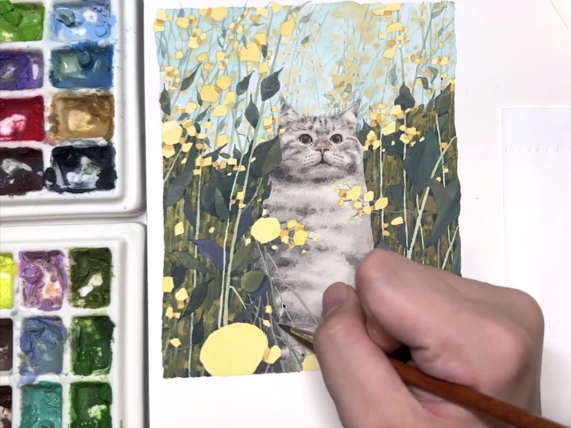 冷风不透明水彩动物插画绘制技法课程 花丛中的猫咪