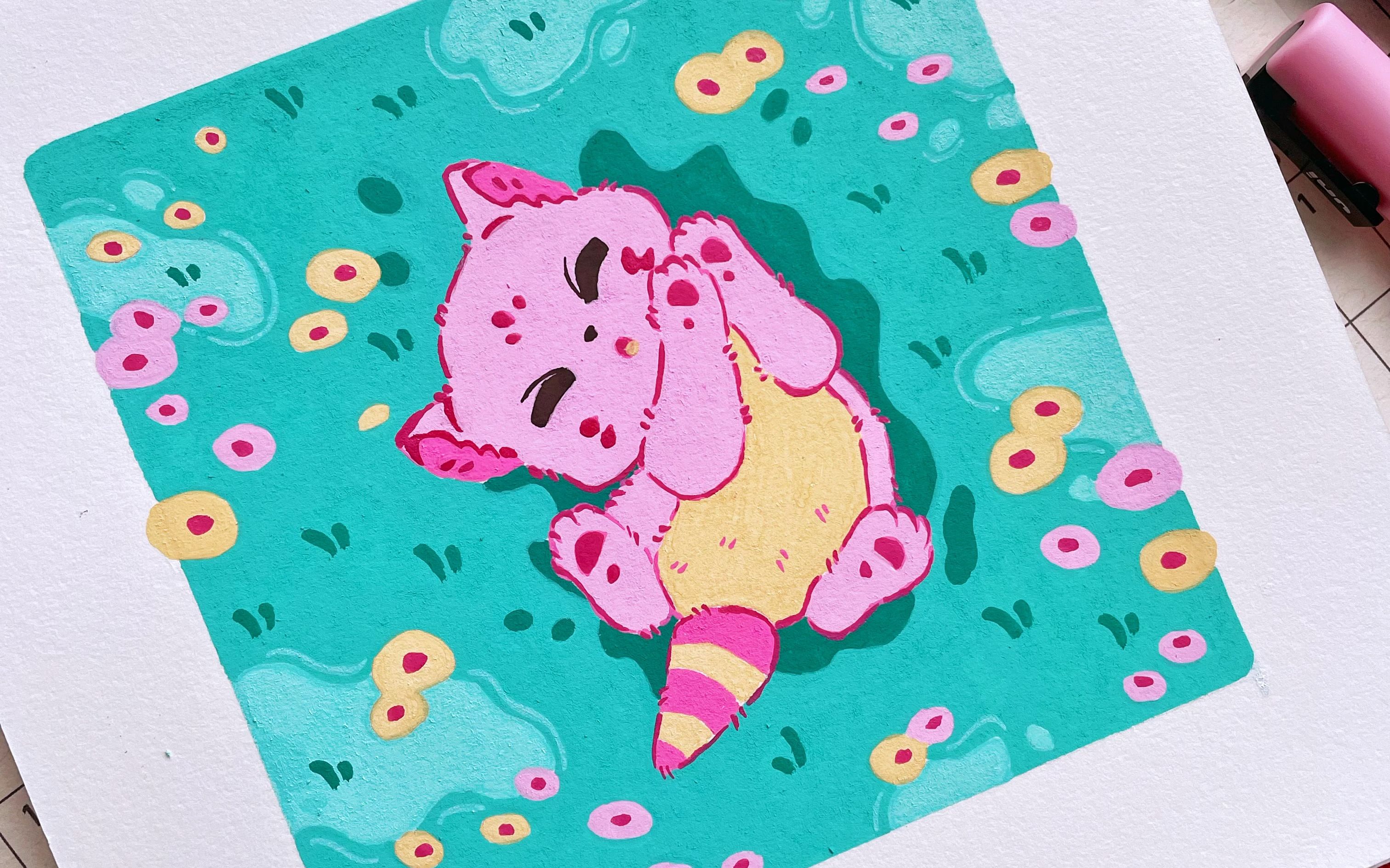 丙烯马克笔/草地上撒娇的猫咪(含绘画思路 过程)