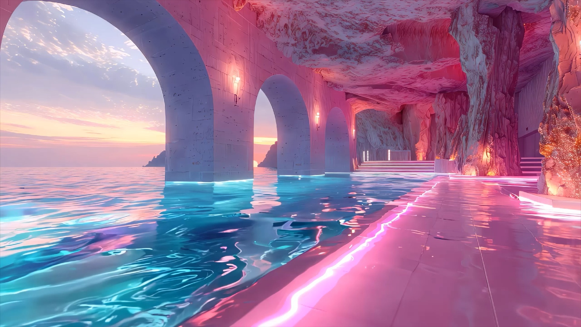 日落时分的梦幻泳池,粉色光影与海的交响