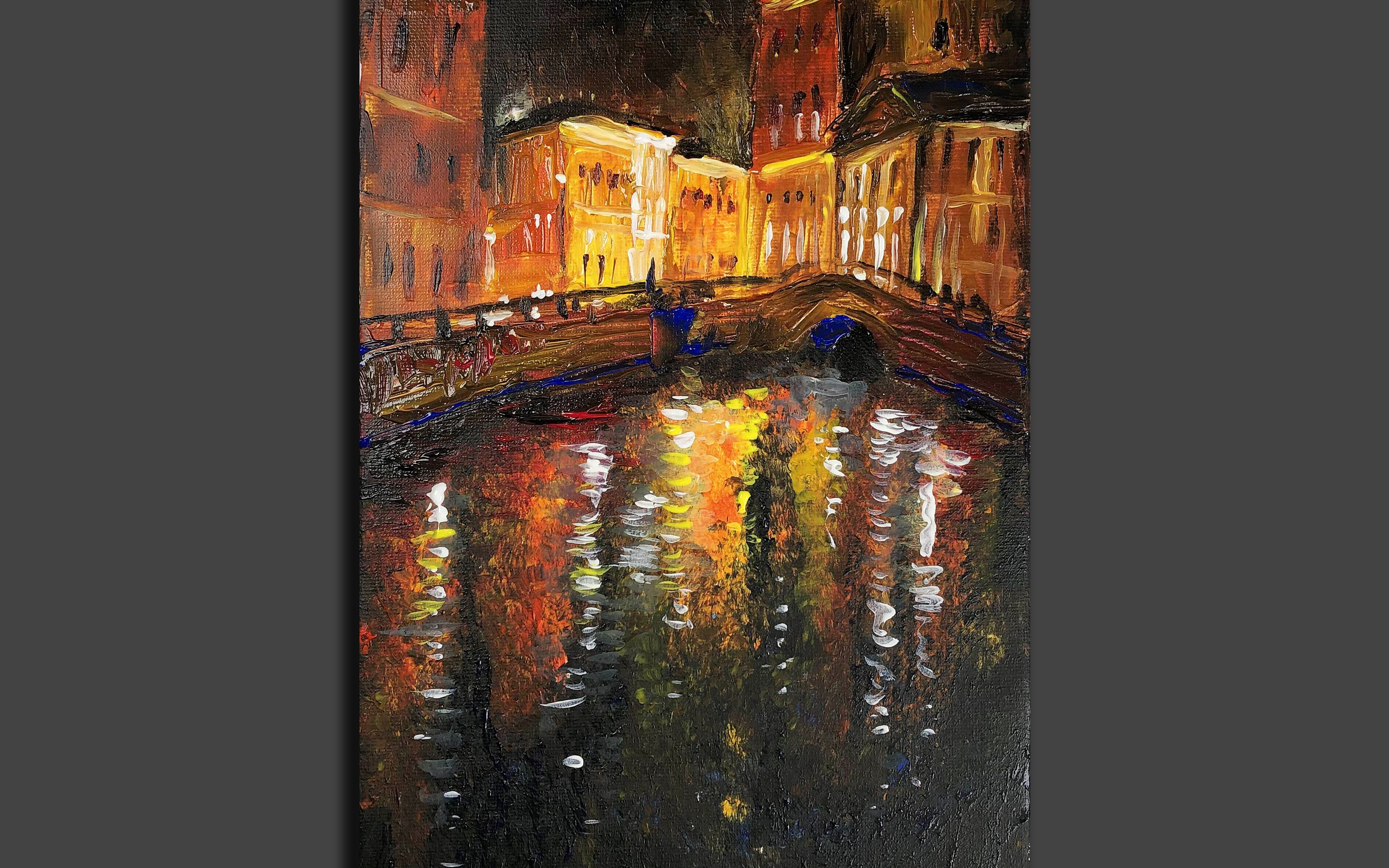 用调色刀画城市夜景 午夜都市 挑战diy创意绘画,丙烯画, 手绘,绘画