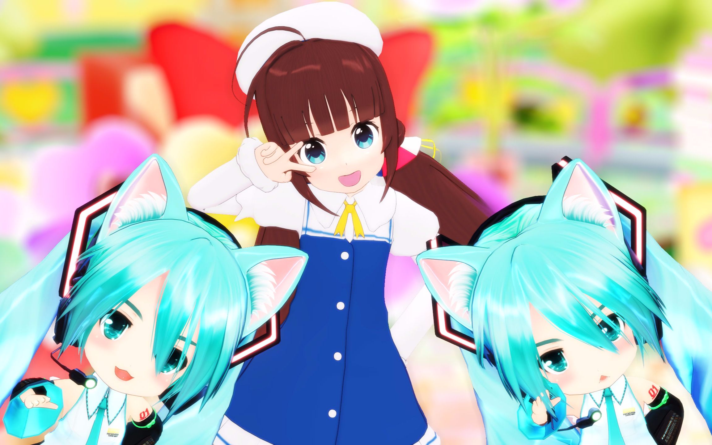 【2d卡通渲染】鹤爱和两只迷你猫耳初音,这是开往幼儿园的车 请自带血