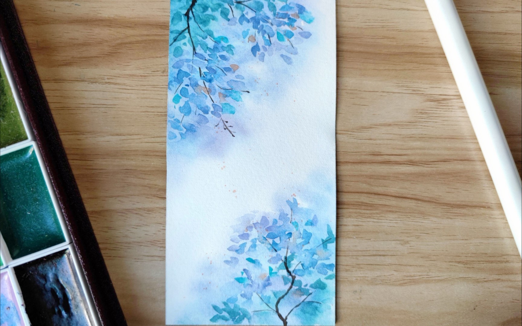 水彩过程用一首歌的时间画一张小书签蓝花楹