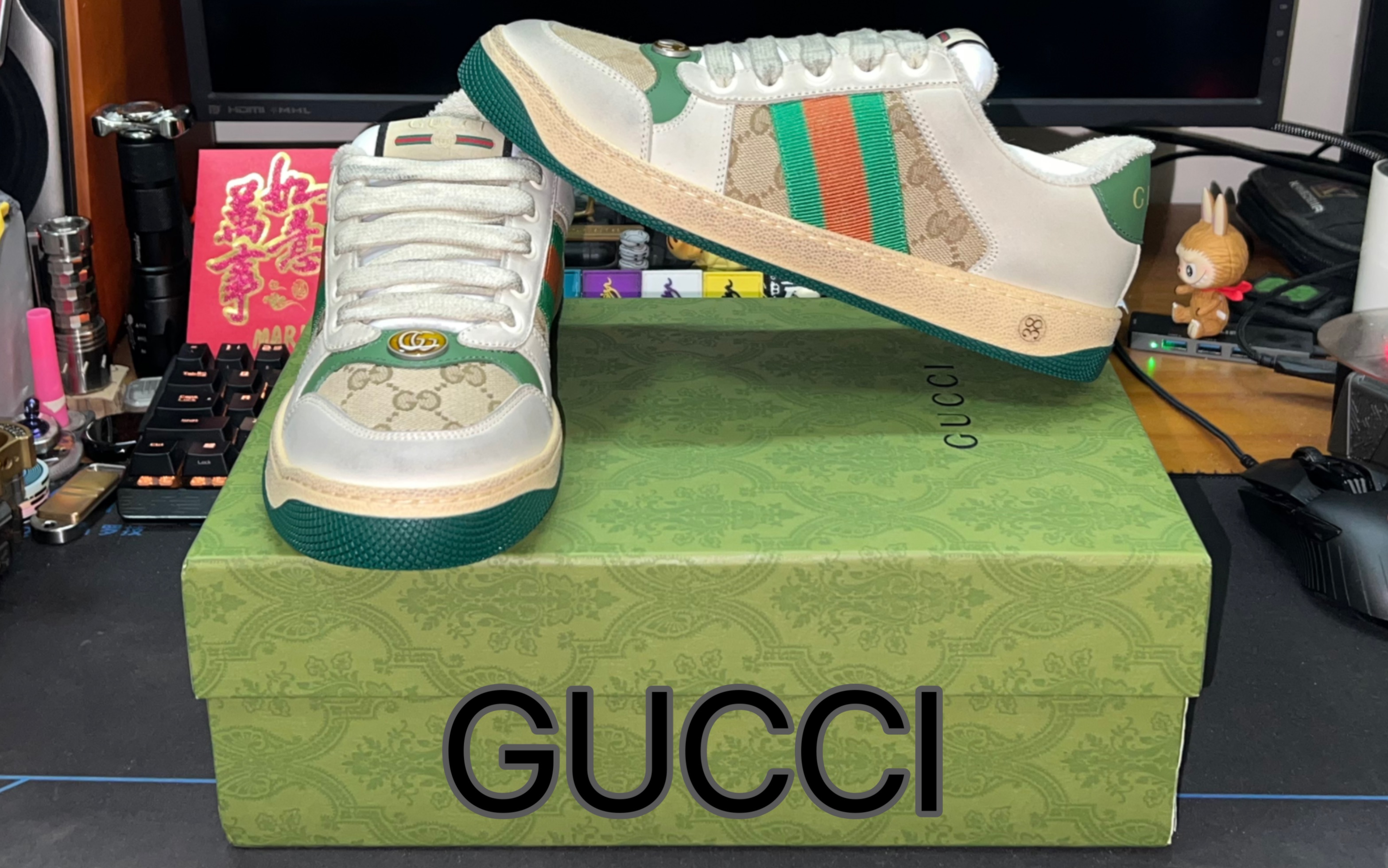 鞋子 GUCCI 古驰 Screener系列 GG珐琅做旧款 女款绿色休闲鞋哔哩哔哩bilibili