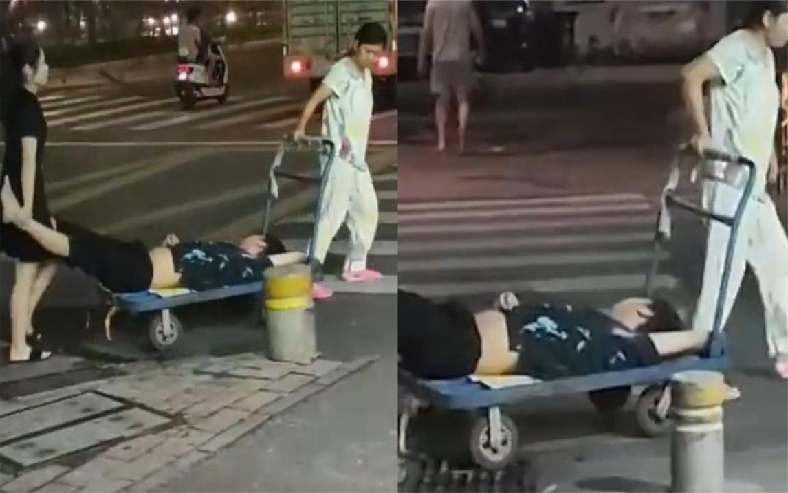 男子深夜醉酒躺平板车上,被老婆跟丈母娘推着回家:被俩女神守护