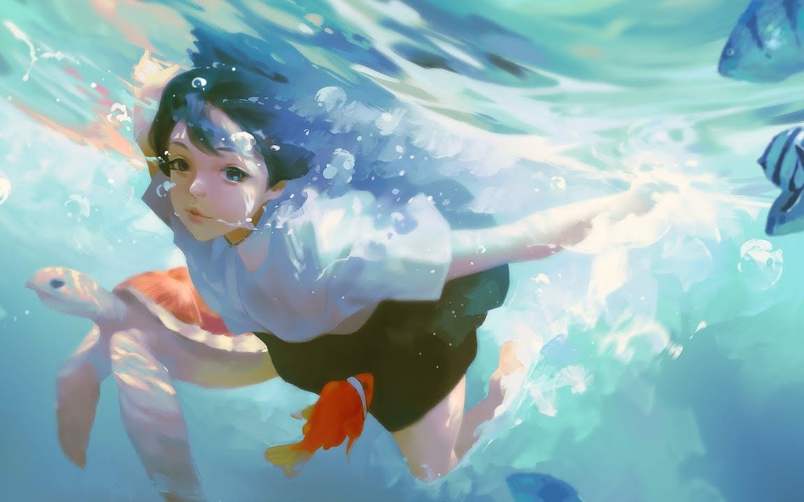 板绘超有质感的水中少女gtztaejune