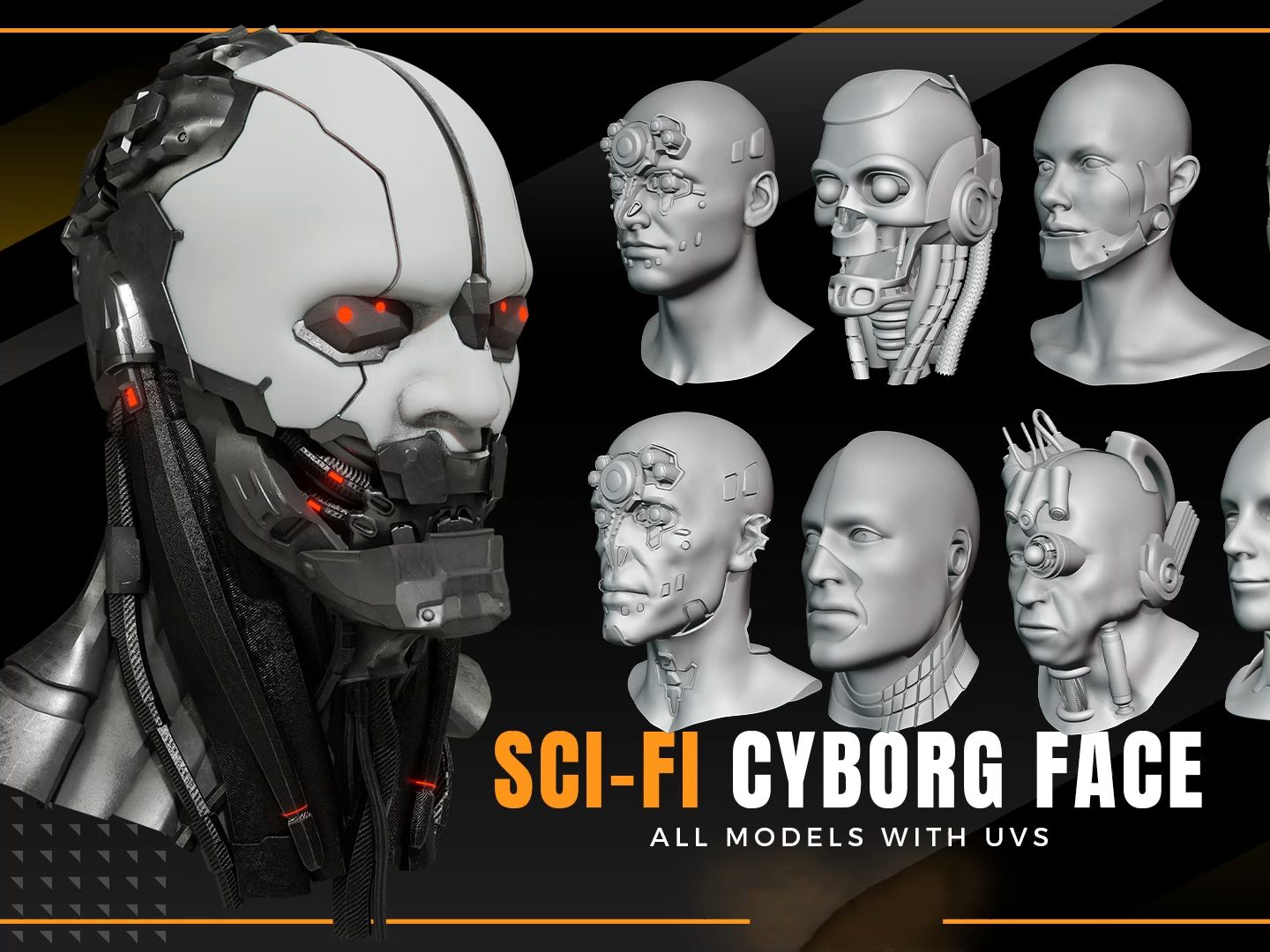 blender科幻半机械人头部3d模型赛博朋克机械人面孔头部基础白模