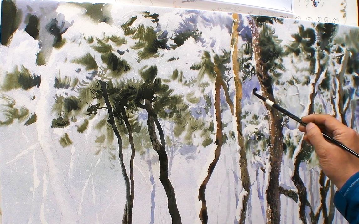 【水彩画】被雪覆盖的松树——画家申新植