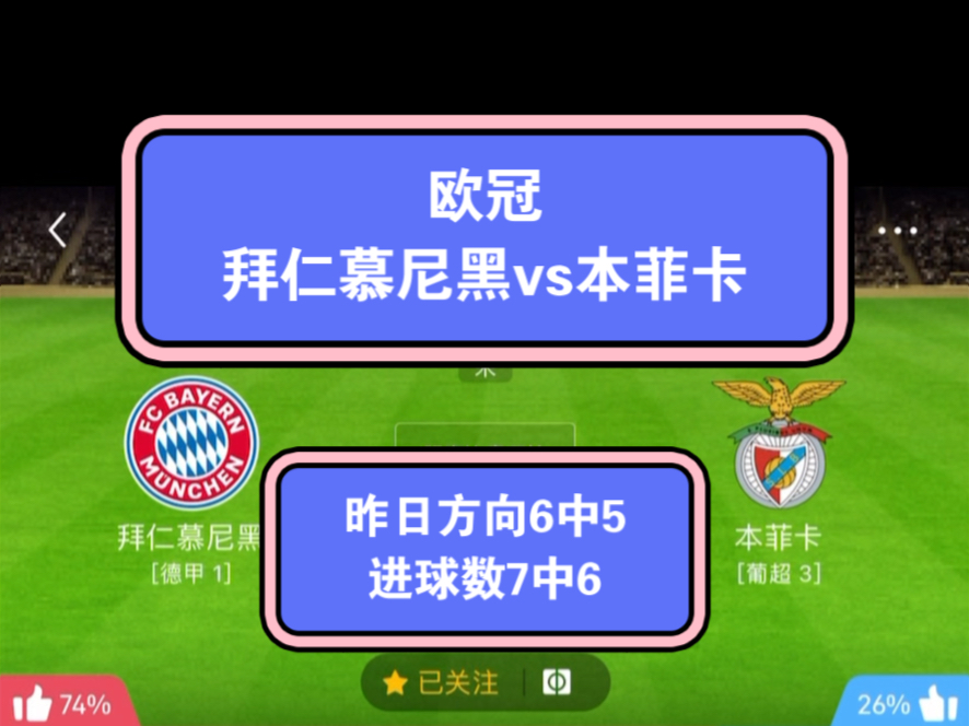 欧冠:拜仁慕尼黑vs本菲卡——昨日精选6场命中5场(今天剩下巴黎圣日耳曼vs马竞、斯图加特vs亚特兰大老样子放到专属动态)哔哩哔哩bilibili