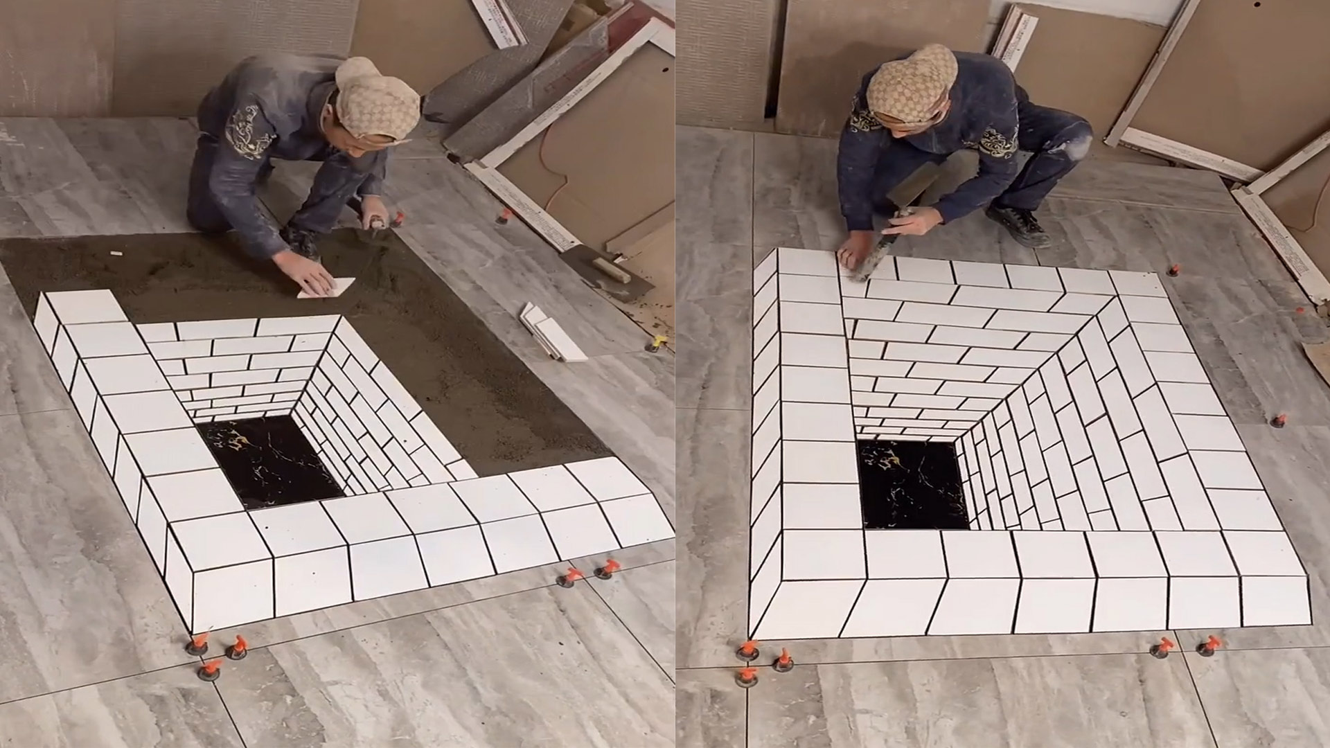 差点当真!工地小哥把地砖贴出3d效果,效果逼真网友直呼大佬!