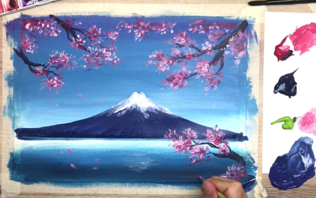 丙烯画】富士山樱花_哔哩哔哩_bilibili