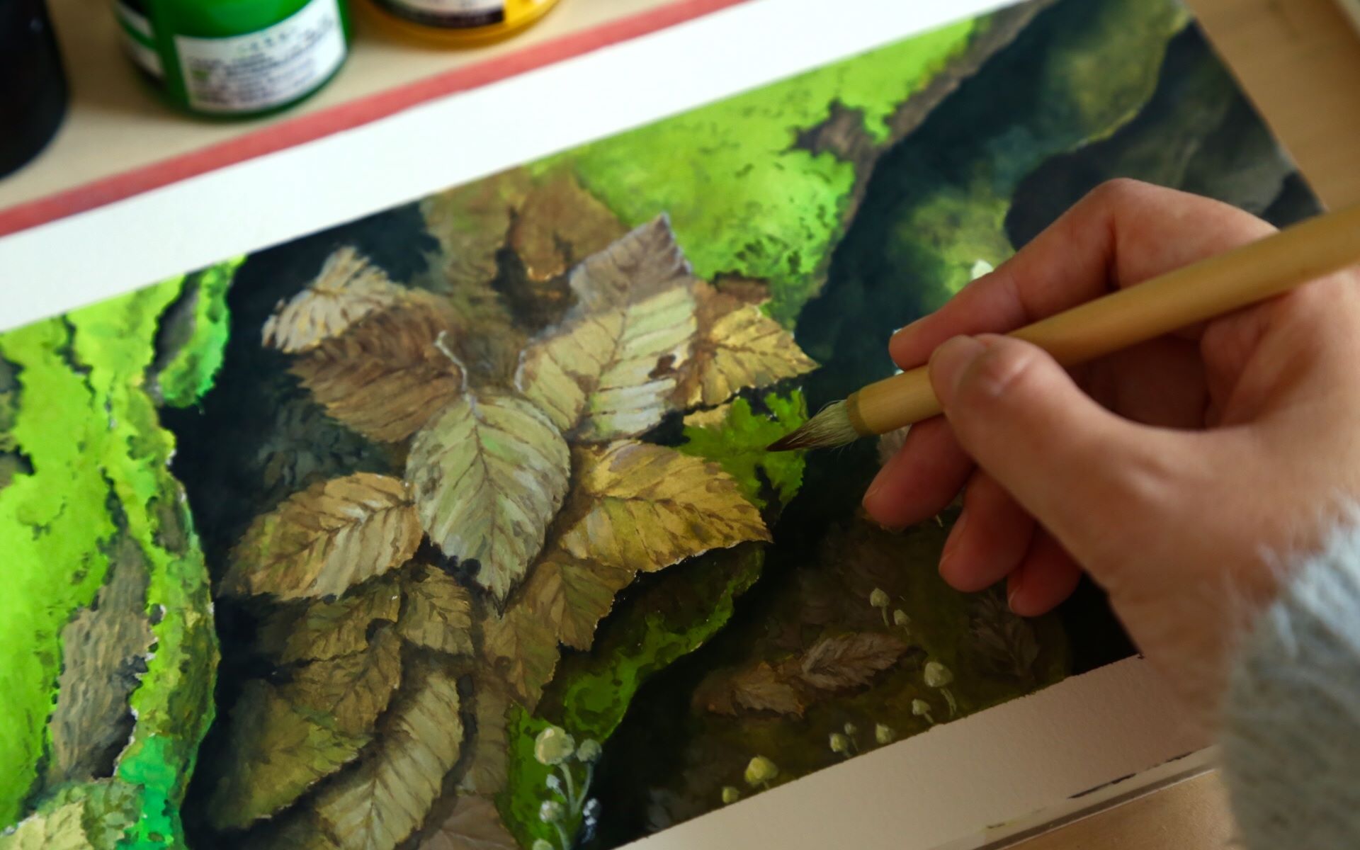 不透明水彩教程宫崎骏动画龙猫场景如何画出叶子的枯槁感含讲解