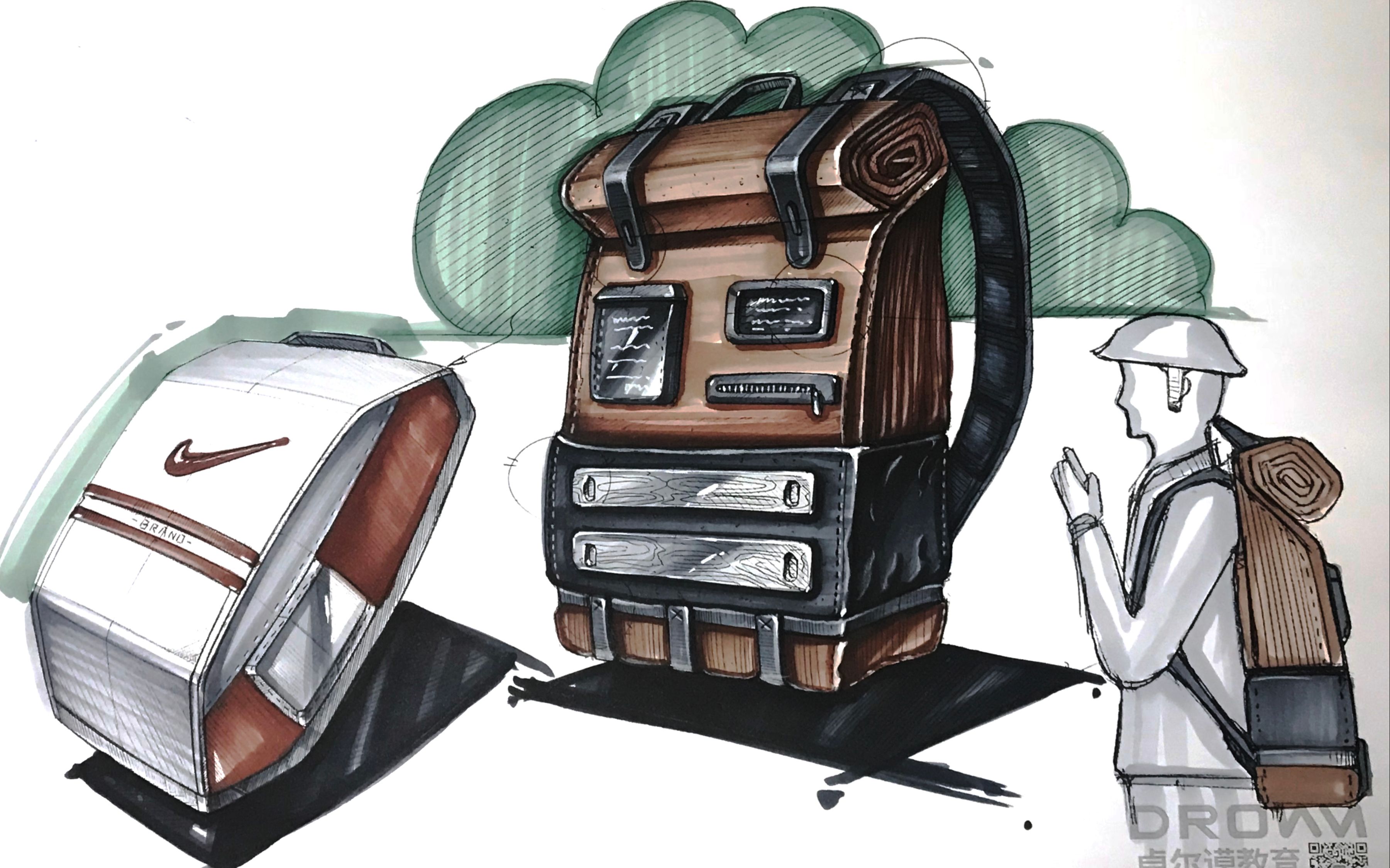 产品设计登山包马克笔上色视频