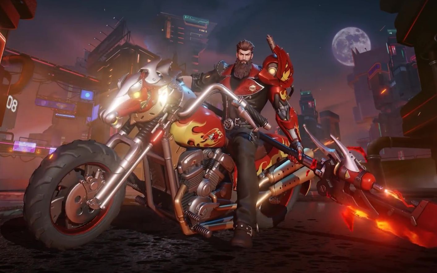 关羽荣耀典藏新皮肤【赤影疾锋】展示,火焰摩托车_王者荣耀