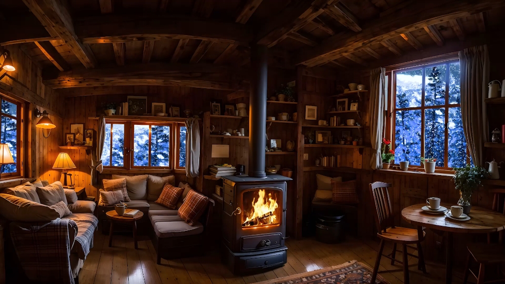 暴风雪氛围木屋里壁炉噼啪作响的燃烧声和呼哨的冷风声让你放松助眠