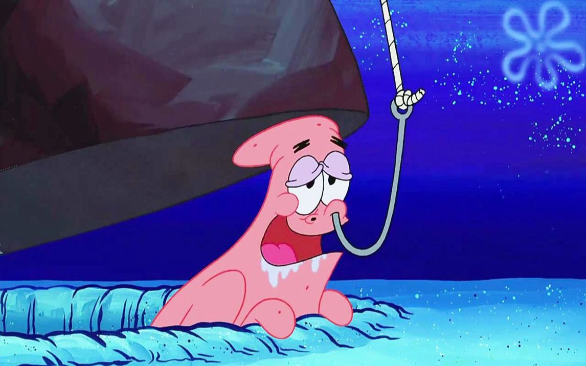 章鱼哥用鱼钩勾住派大星的鼻子,派大星逃命,躲到海绵宝宝的家里!