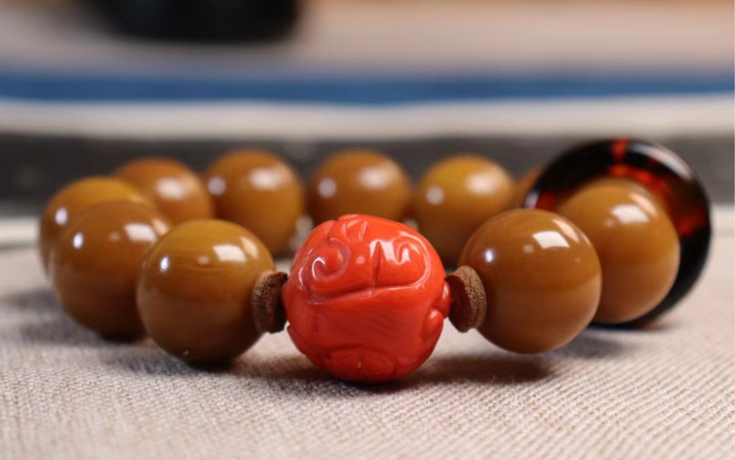 龙涎香"灰琥珀"圆珠手链,搭配红珊瑚福珠,满血玳瑁跑环!纹路自然!