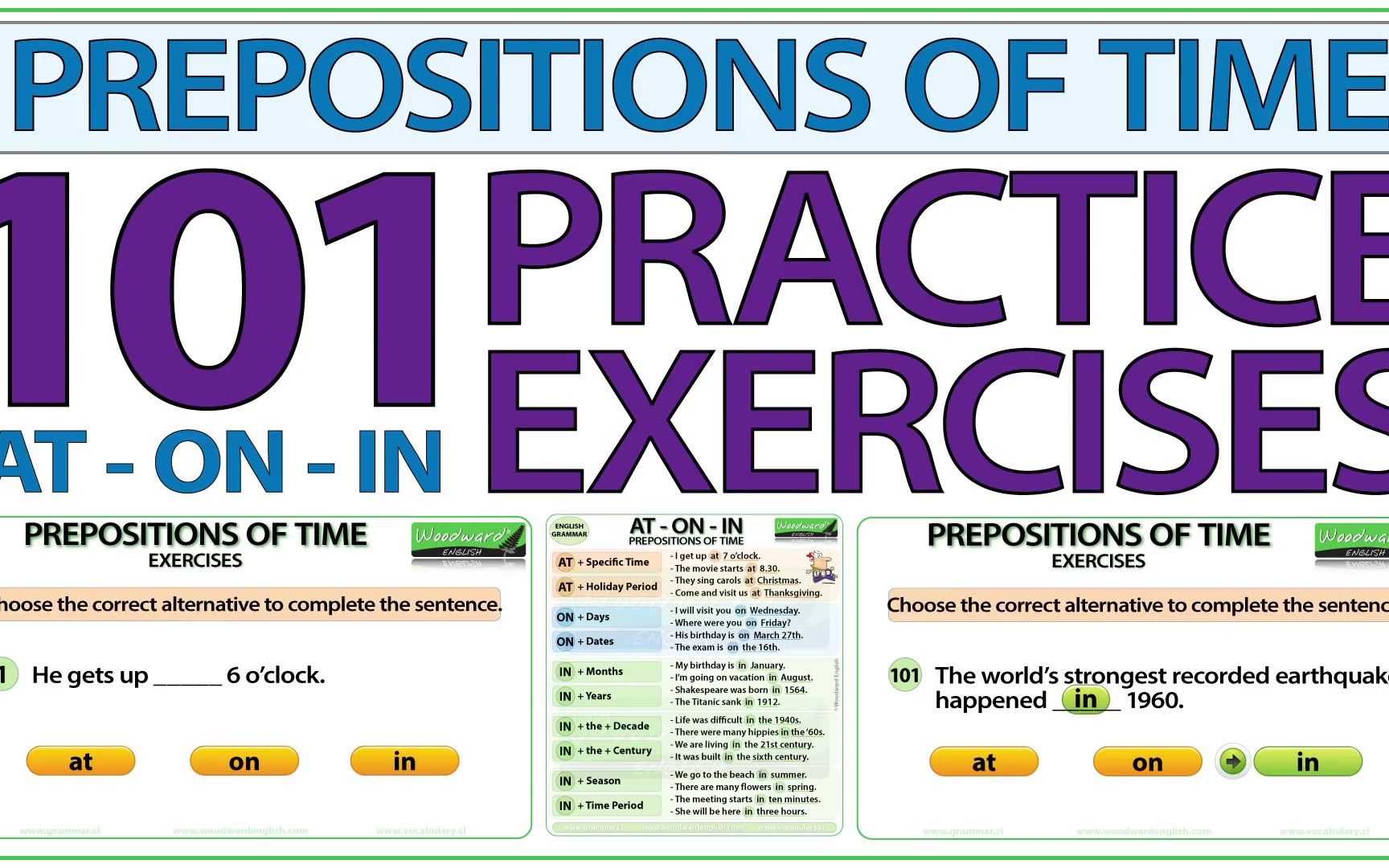 [图]【Woodward English】101道题 关于时间介词的使用 Prepositions of Time AT ON IN