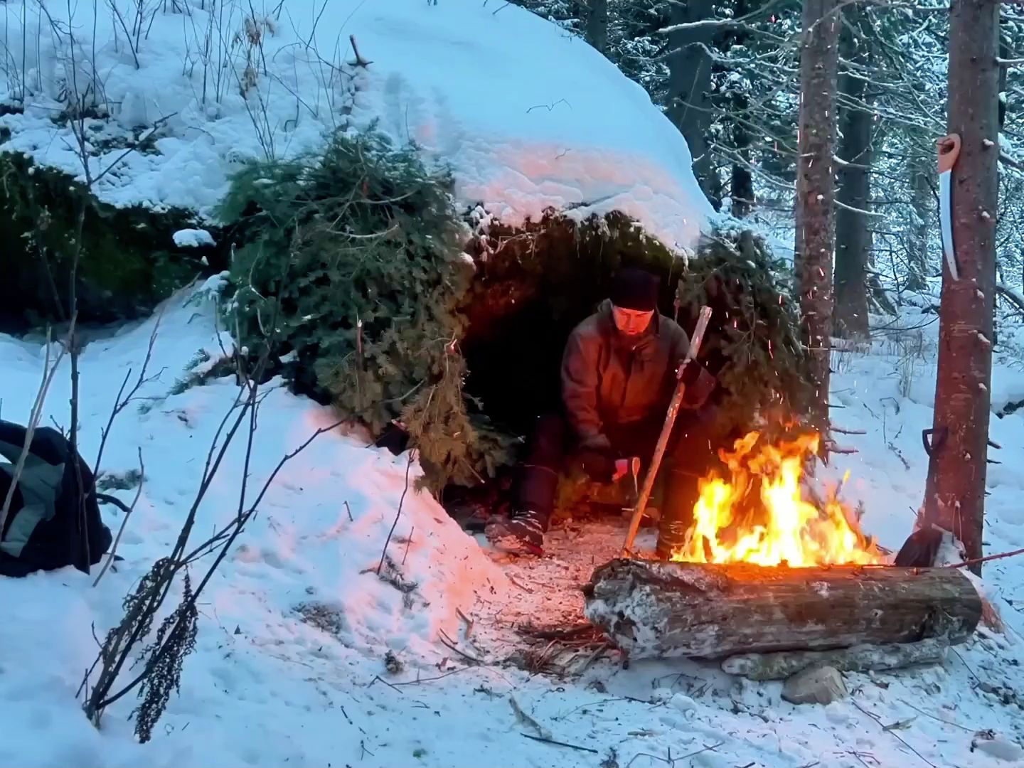 在雪地森林里，用松树枝搭建的窝棚，烤着这柴火堆是一点也不冷-别利切夫在极地-别利切夫在极地-哔哩哔哩视频