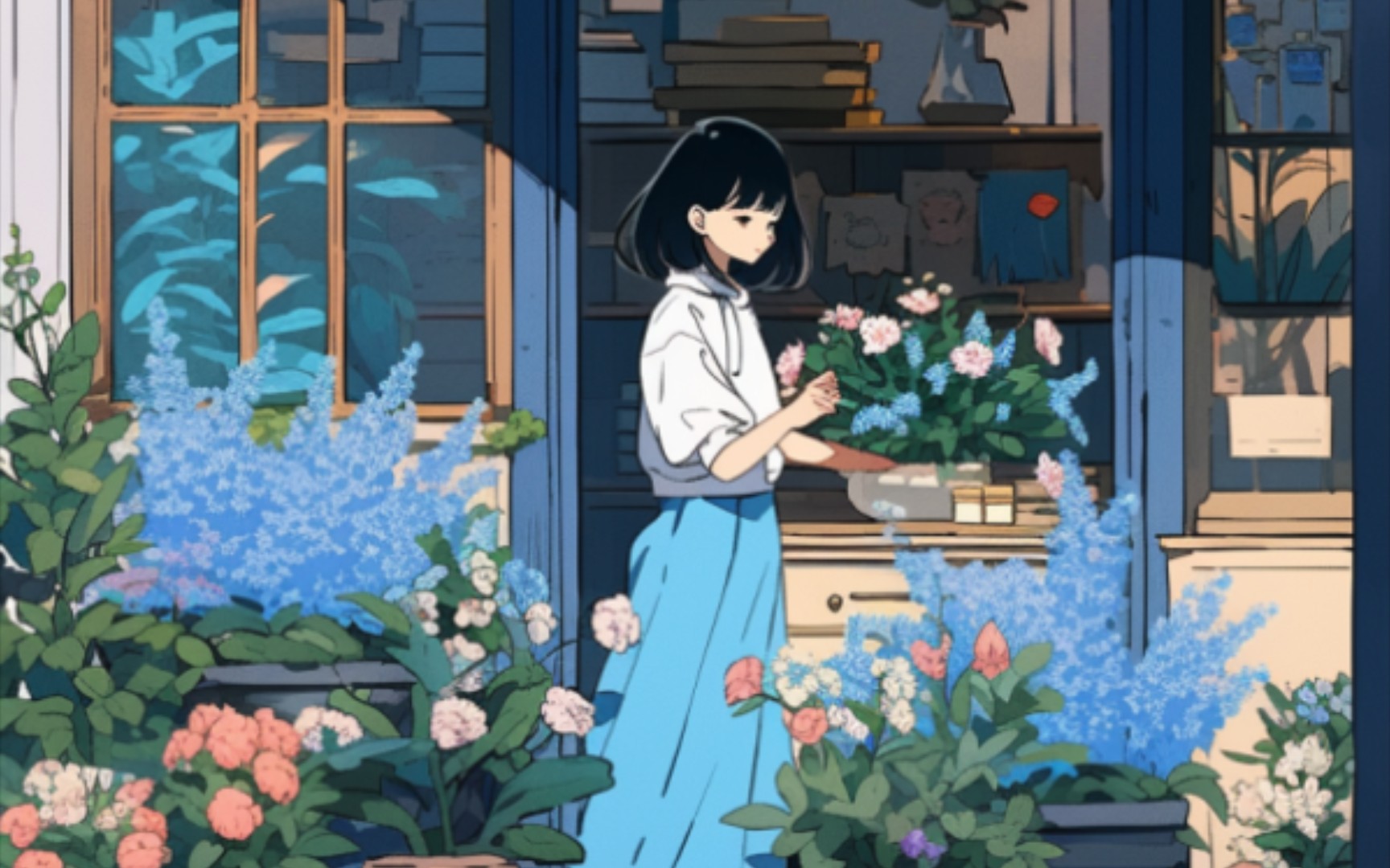 4k壁纸蓝色调的浪漫女孩与她的花店