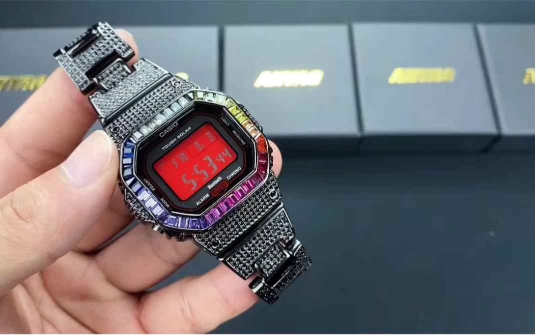casio卡西欧5600bb满钻改装黑武士彩虹千元手表推荐,超帅hiphop嘻哈钻