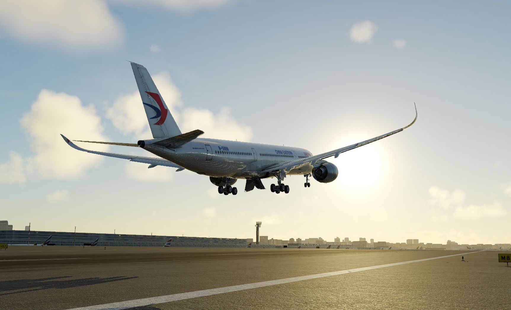 东航a350-900迎着晨光离场迪拜国际机场 全高画质下感受超精细地景