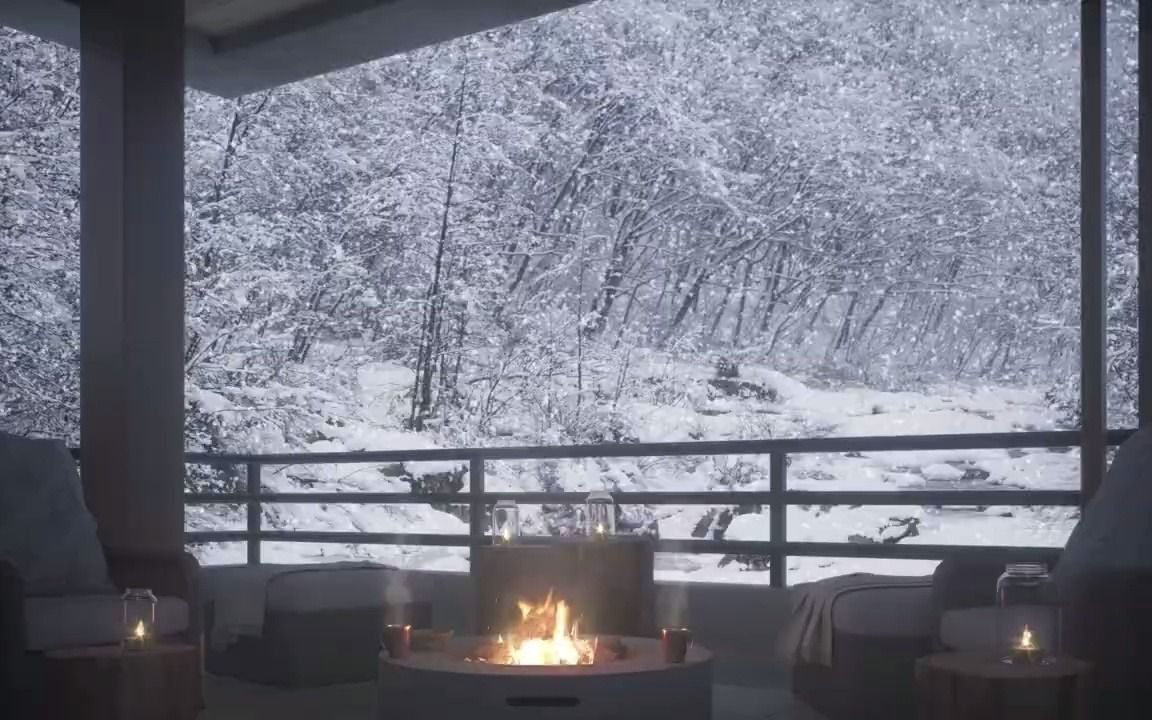 [图]安静的冬天山上的阳台，有鸟鸣和壁炉的声音 | 8小时白噪音鸟鸣声壁炉声下雪声 | 工作学习刷题放松睡觉用