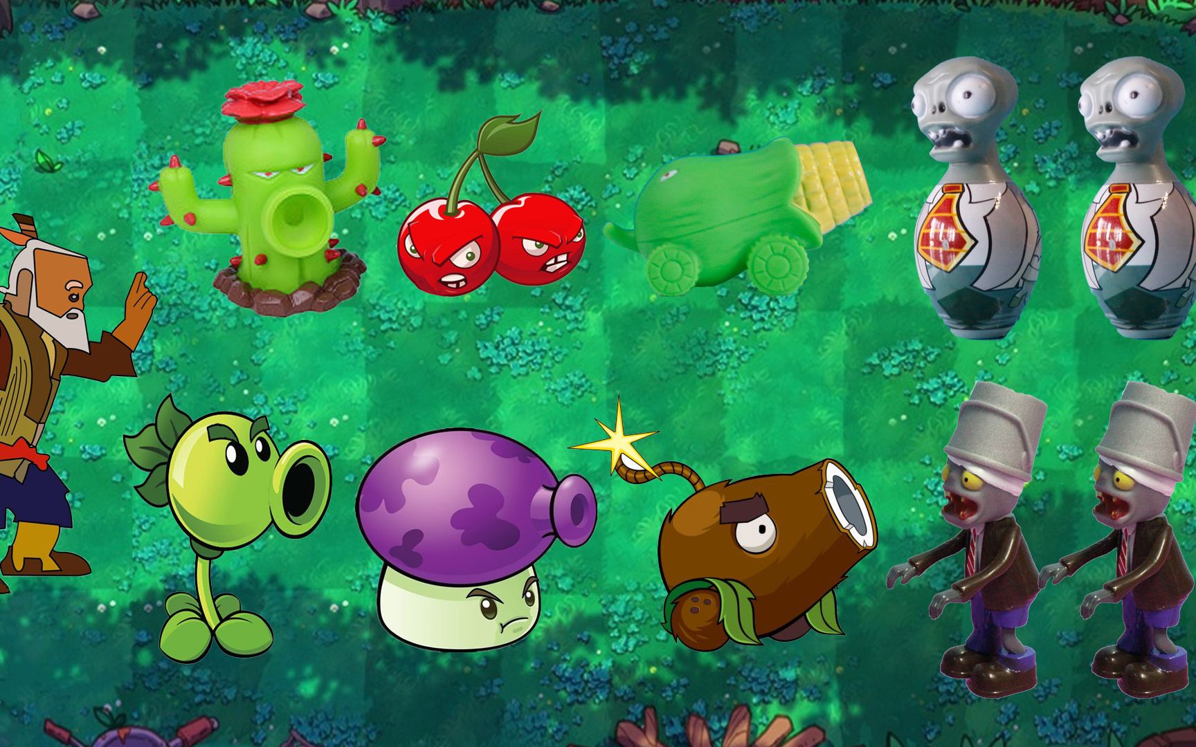 植物大战僵尸玩具,仙人掌豌豆射手大喷菇樱桃炸弹大战僵尸群