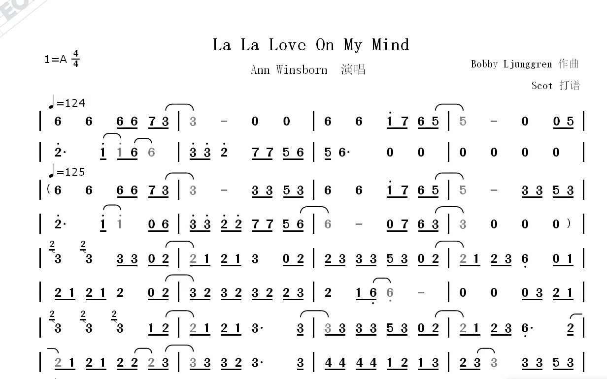 【經典歌曲】la la love on my mind(ann winsborn)--動態簡譜