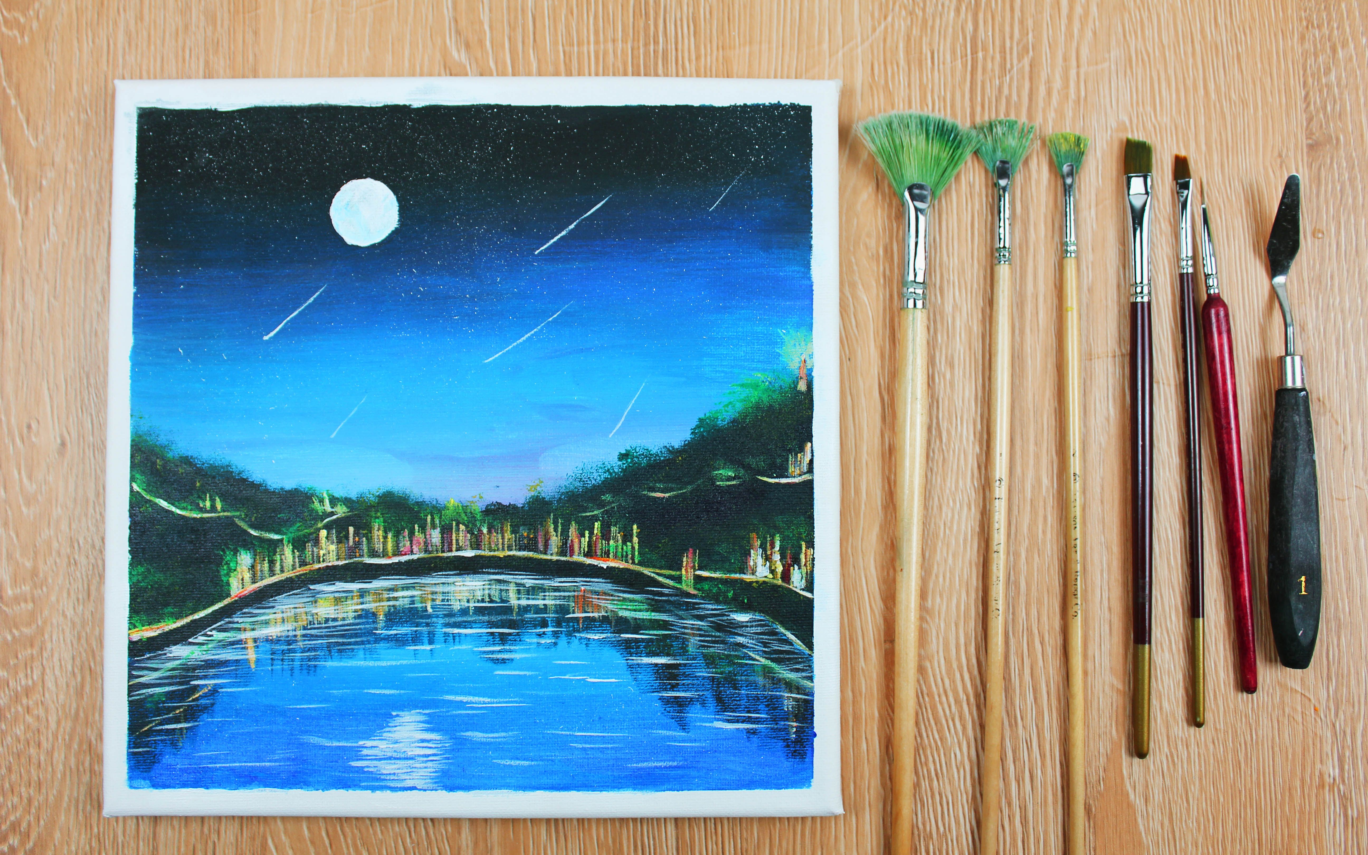 【创意丙烯画】喵呜绘画日志#18《小城夜景》/心灵港湾