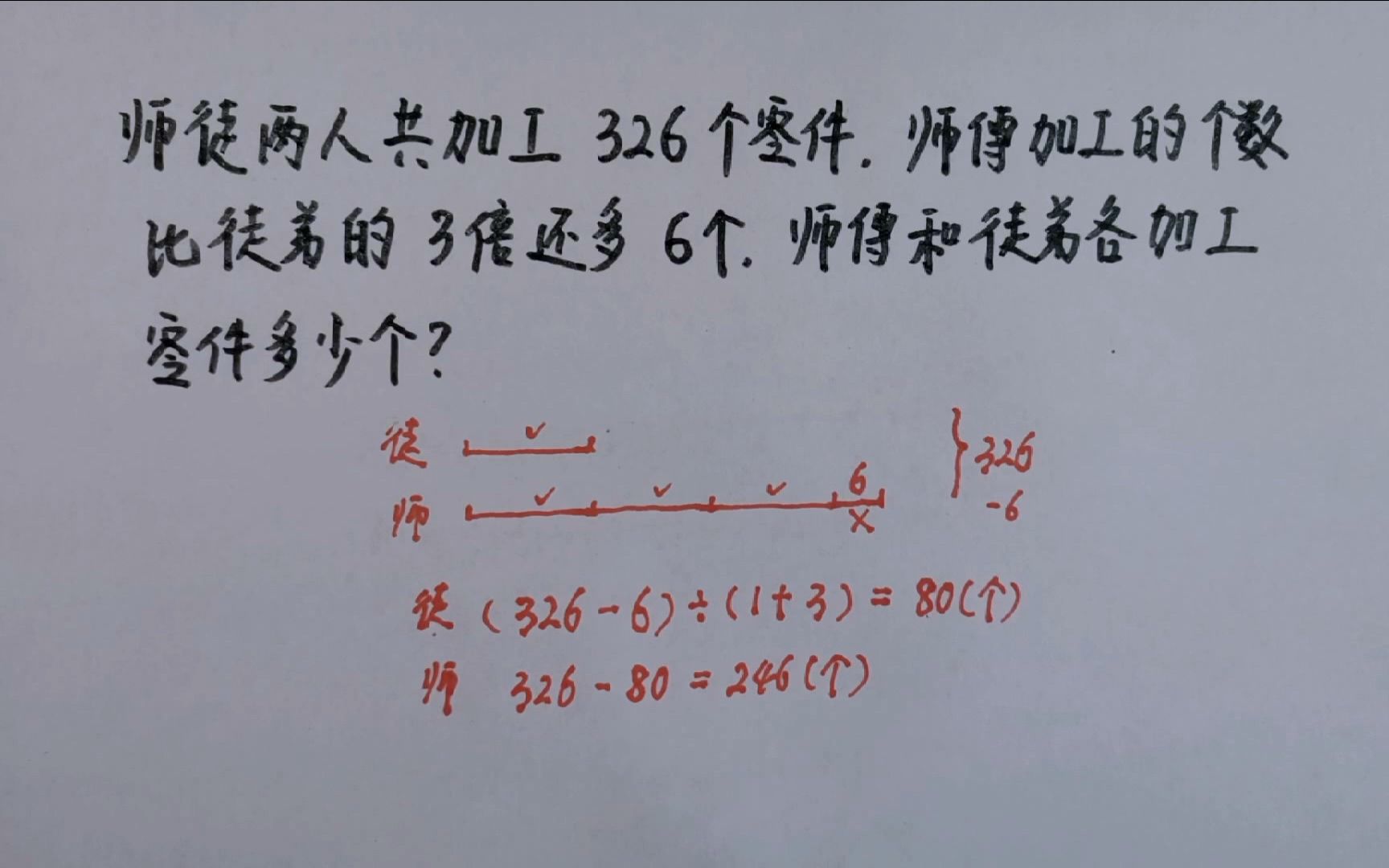 师傅加工零件个数比徒弟的3倍还多6个,师徒两人各加工多少个?哔哩哔哩bilibili