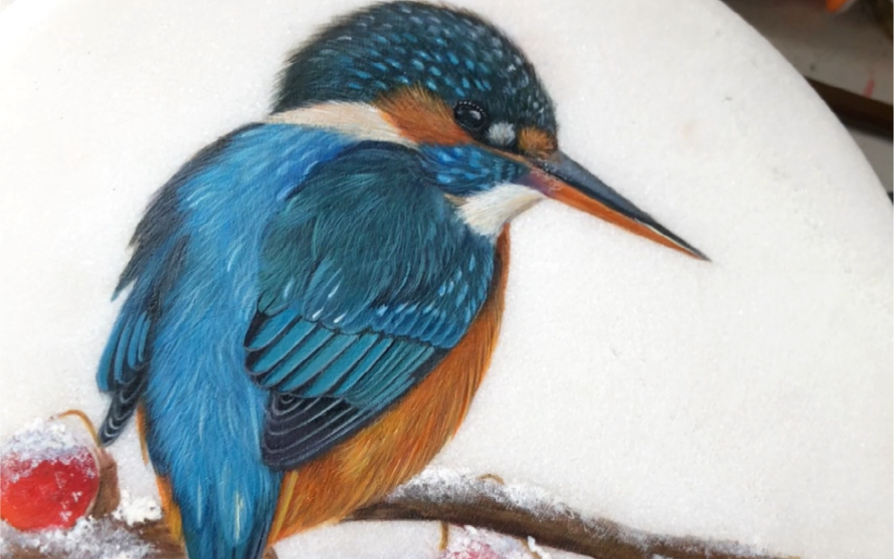 丙烯画翠鸟,汉白玉片画