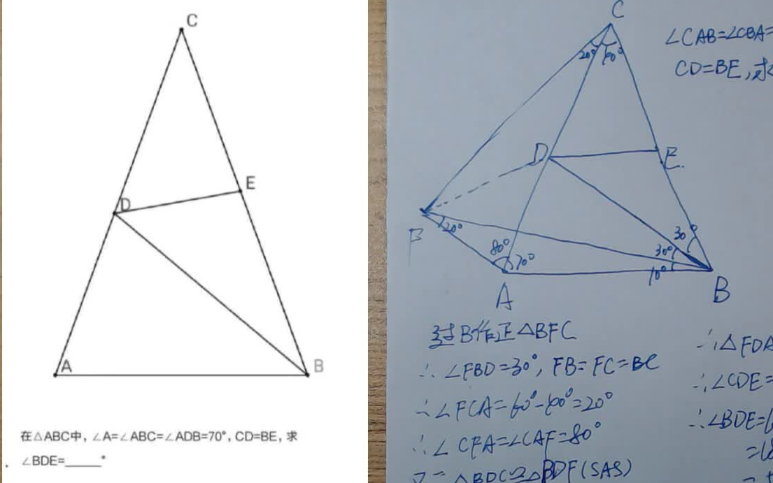 网红题?用等边三角形搞定它!在三角形abc中,∠A=∠ABC=∠ADB=70ⰬCD=BE,求∠BDE=ⰿ哔哩哔哩bilibili