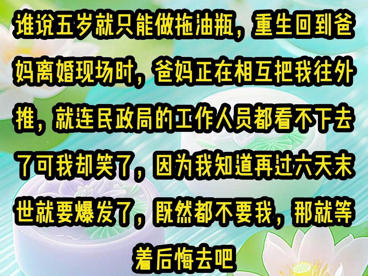 [图]微心末世2谁说五岁就只能做拖油瓶，重生回到爸妈离婚现场时，爸妈正在相互把我往外推，就连民政局的工作人员都看不下去了，可我却笑了，因为我知道再过六天末世就要爆发