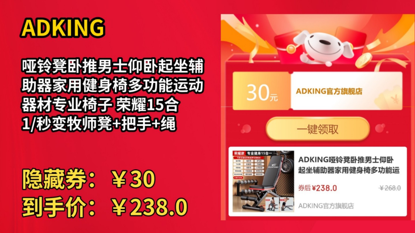 [120天新低]ADKING哑铃凳卧推男士仰卧起坐辅助器家用健身椅多功能运动器材专业椅子 荣耀15合1/秒变牧师凳+把手+绳哔哩哔哩bilibili